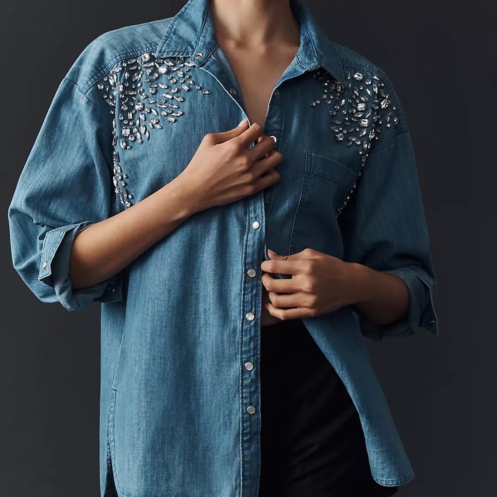 By Anthropologie Crystal-Embellished Denim Buttondown Shirt